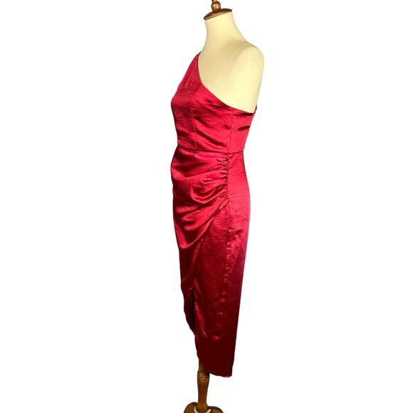Lovers + Friends Red One Shoulder Satin Midi Slip Dress SMALL Ruched $228 NEW - Picture 5 of 8